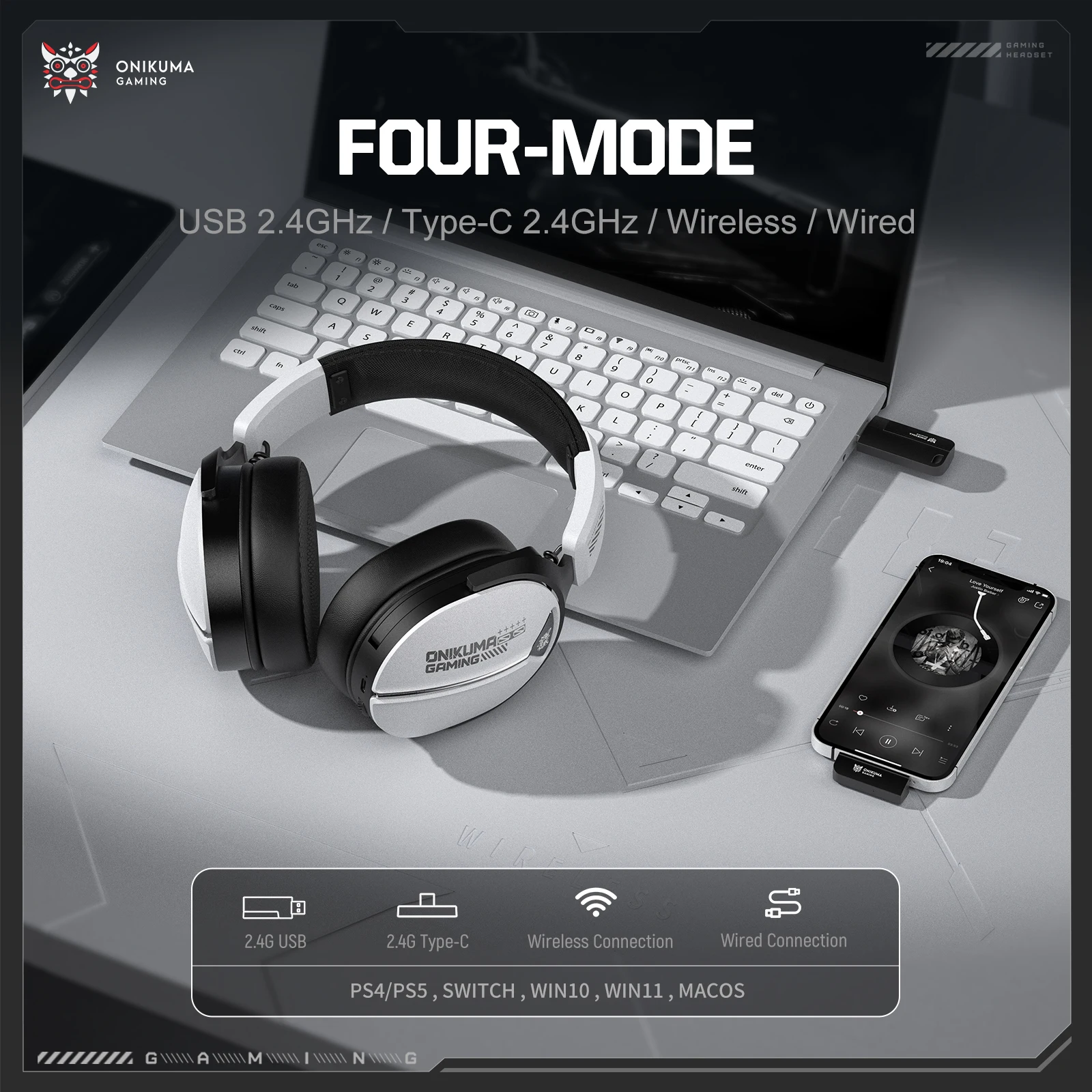 ONIKUMA GT887 USB2.4G/Type-C 2.4G سماعة الألعاب اللاسلكية 950mAh بطارية ميكروفون دعم 120 ° دوران حر #3