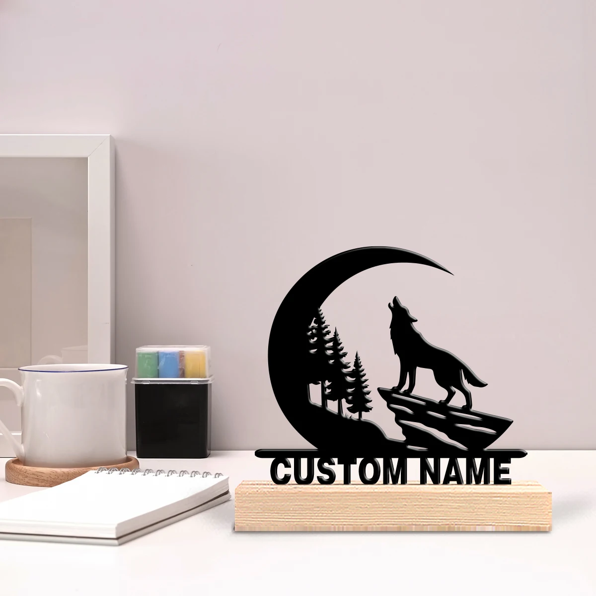 Customized Blessing Meaning Wolf Iron decorative wooden base tabletop ornament Suitable for office and desktop decoration gifts