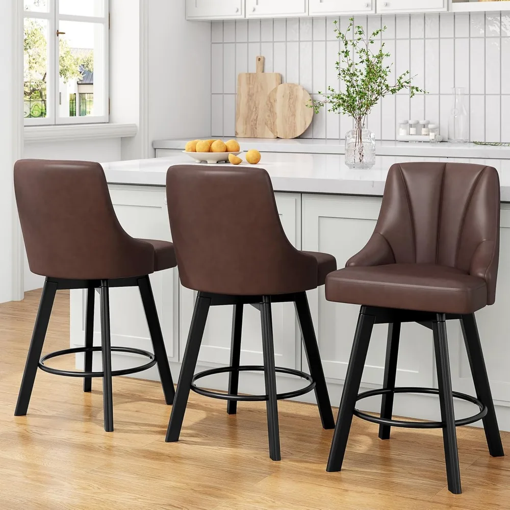 

Bar Stools with Backs, Leather Upholstered Counter Barstools with Solid Wood Legs for Kitchen Island, Home Bar(3PCS Brown)