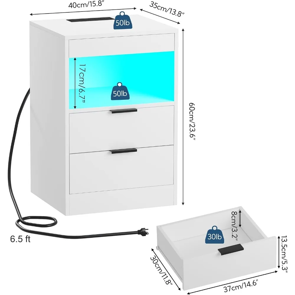 LED Nightstand with Charging Station, Modern Bedside Table with Pull-Out Shelves