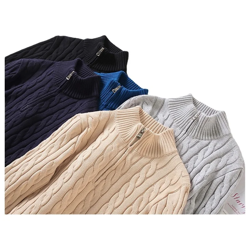 

Wholesale High Street 100% Cotton Solid Color Sweater Pullover Men's Zipper Pulls Turtleneck Thick Casual Striped Knit Sweaters