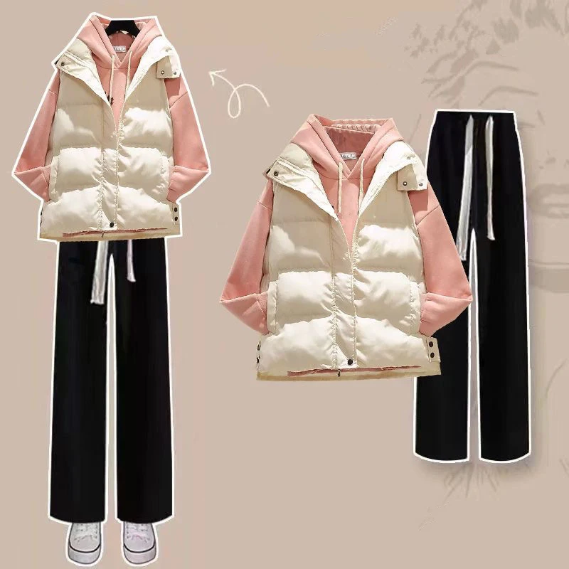 Women Autumn Winter Pink Hooded Sweatshirt Beige Padded Vest Jeans 1 or 3 Piece Set Korean Student Casual Tops Pants Outfits