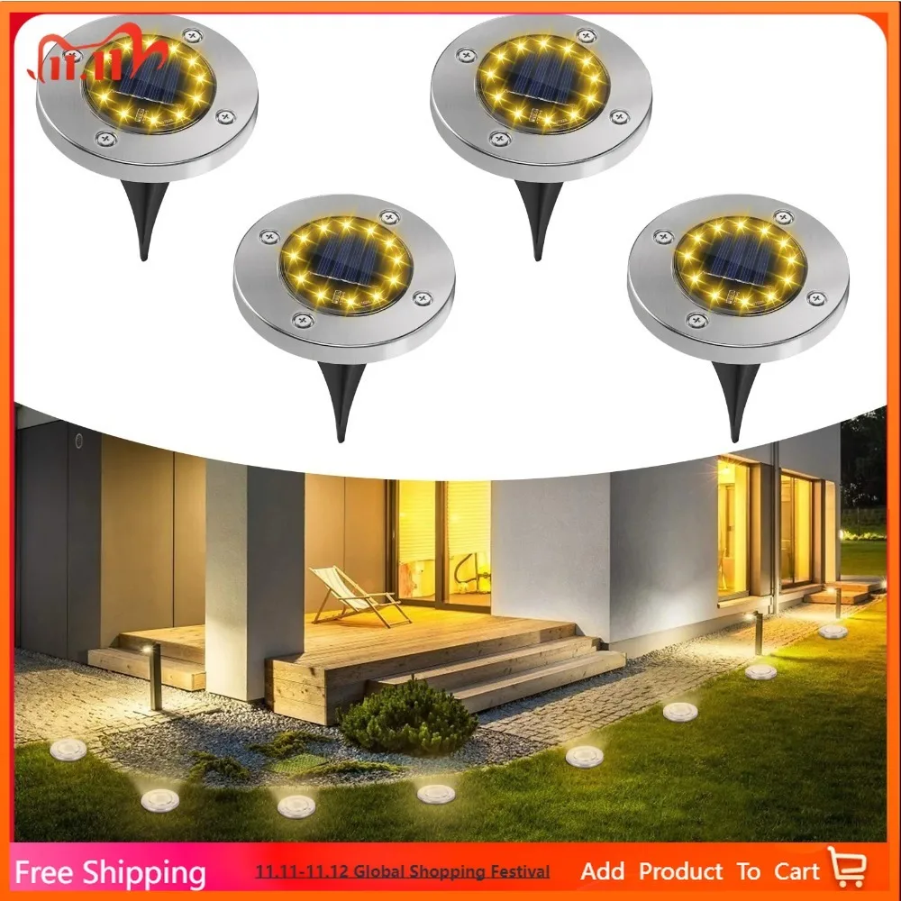 

4 Pack Solar Outdoor Lights 12 LEDs Solar Ground Warm Lights Waterproof Flat Pathway Lights for Yard Walkway Garden Driveway