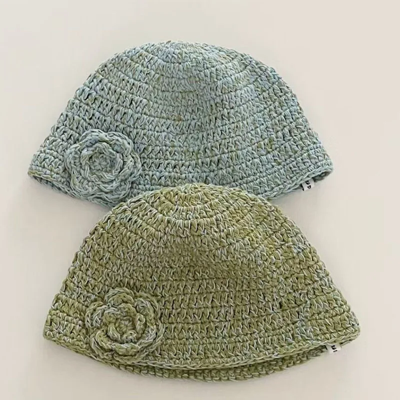 New Cute Flower Design Hand-woven Beanies Cap for Women Spring and Autumn Casual Versatile Mixed Color Knitted Basin Hats