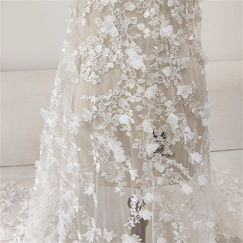 

JZQ Luxury Beaded Bridal Dress Lace with Beautiful 3D Flowers Beaded Lace Embroidery Wedding Dress Lace Fabric