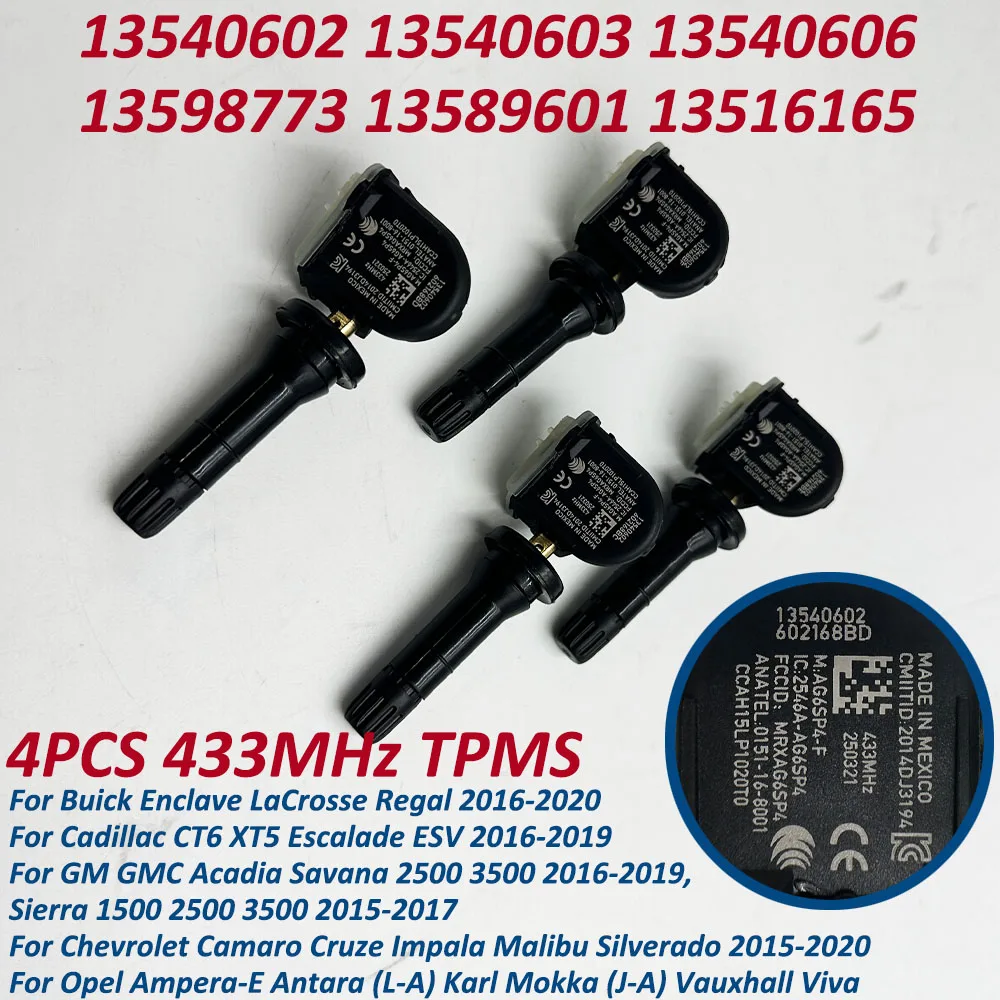 

4X For Opel Ampera-E Antara (L-A) Karl Mokka (J-A) Vauxhall Viva Cadillac CTS CT6 TPMS Sensor 433Mhz 13540602 13522629 13544442