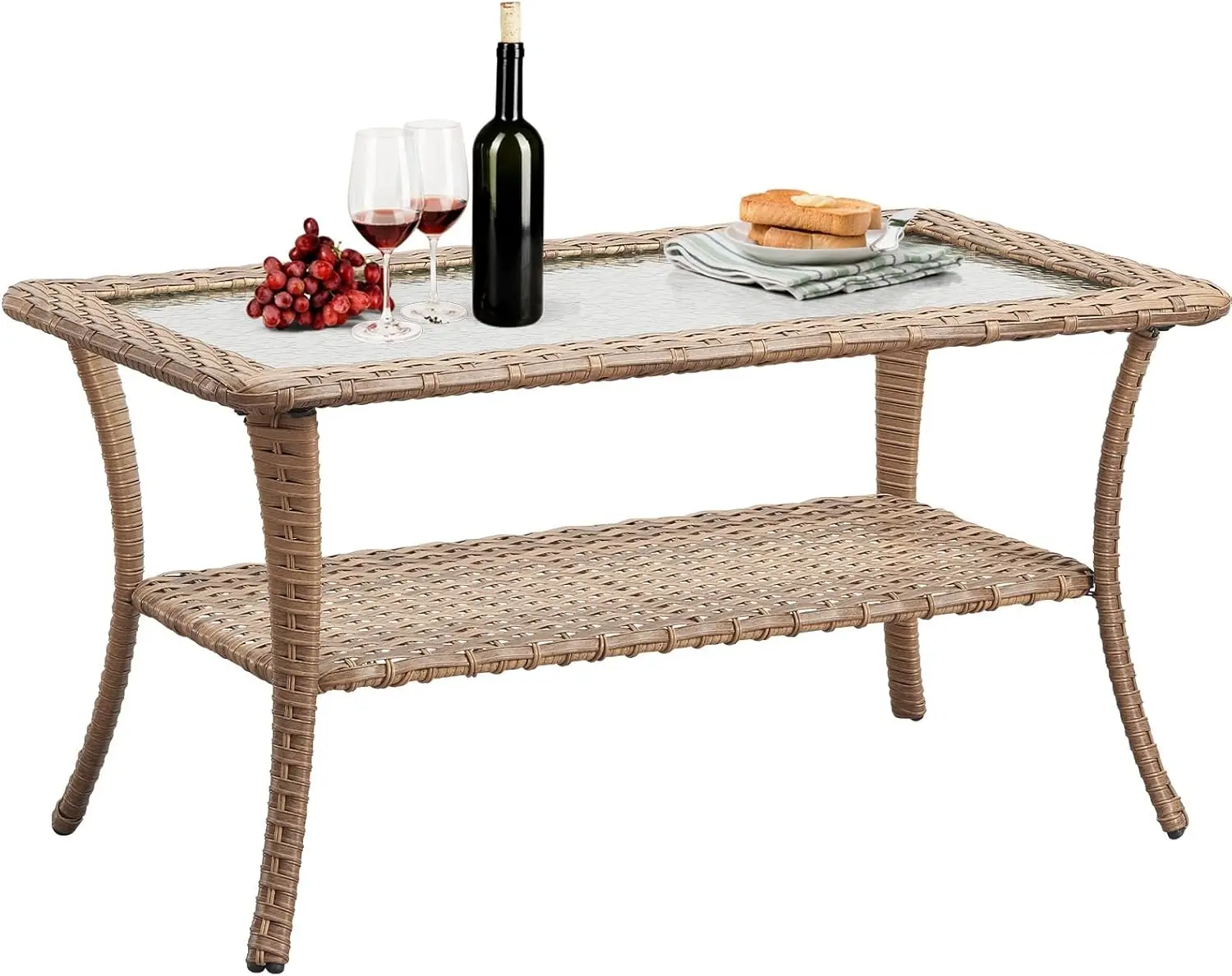 

40 Inch Rattan Patio Coffee Table with Storage, Rectangular Glass Outdoor Wicker Table for Porch Balcony Deck Yellow