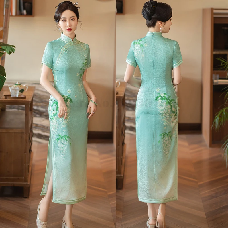 

Traditional Mandarin Collar Qipao New Chinese Style Improved Dress Sexy Elegant Women Dresses Slim Print Cheongsam Party Gown