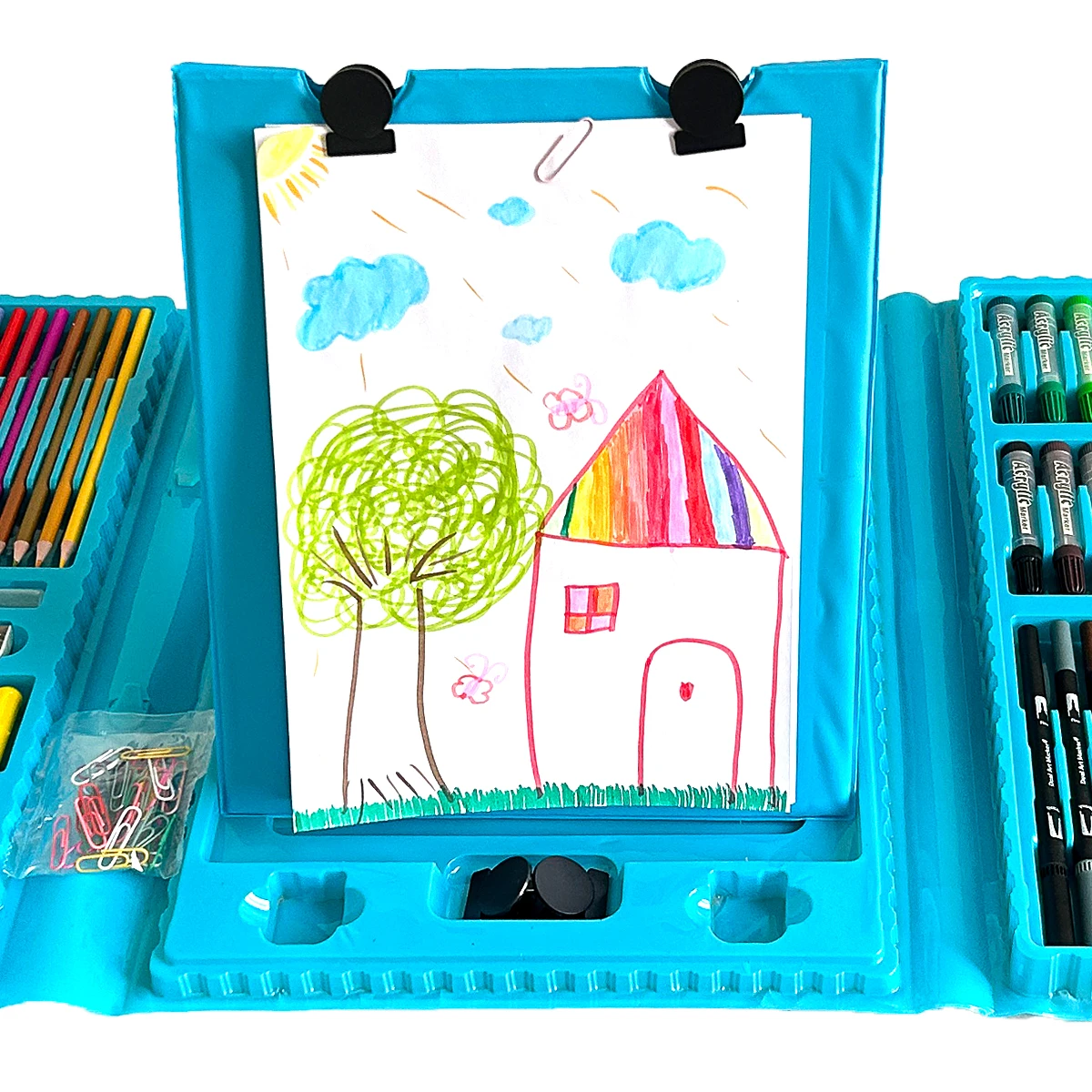158 - مجموعة فنية للأطفال باللون الأزرق مع حامل - تتضمن كتاب رسم ونسخ رسم، مثالية للفنانين الصغار