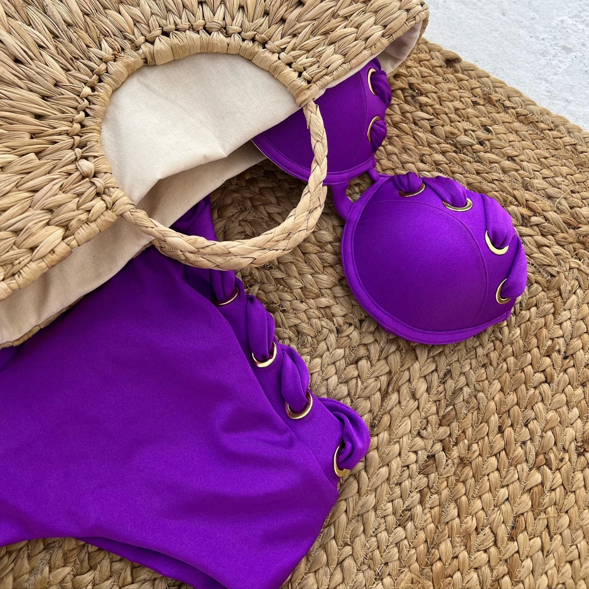 Bikini brasileño con realce para mujer, traje de baño Sexy de cintura alta, traje de baño de vientre plano, trajes de baño morados, ropa de playa