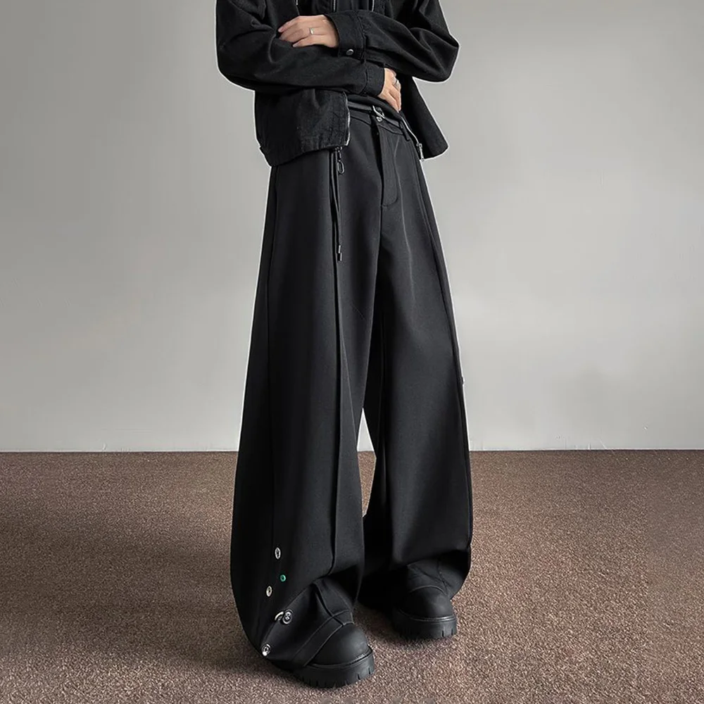 남성 바지 단추 장식 얇은 캐주얼 바지 봄 가을 거리 착용 패션 청소년 캠퍼스 넓은 다리 바지 남성복 2025