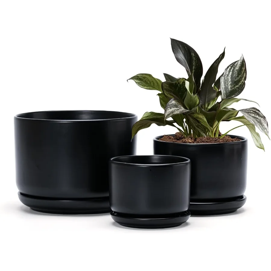 

Plant Pots 4.1+5.1+6.5 inch Set of 3 Ceramic Planters with Drainage Hole and Saucer Indoor Flower Pot Gifts for MomMatte Black