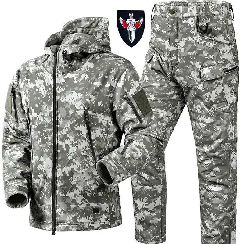 5XL Men Quality Combat Camo Set Wear-Resistant Waterproof Thicken Tactical Suit Outdoors Fleece Warm Hunting Two-piece Winter