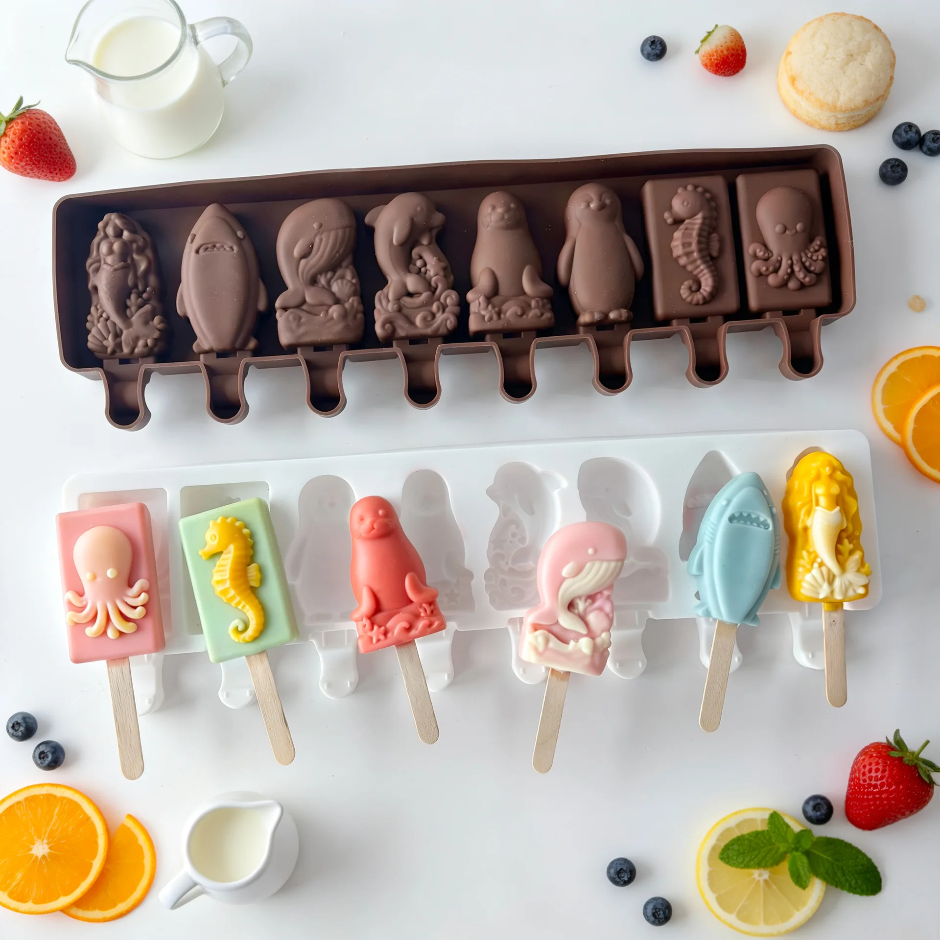 Ocean Animal Series Seahorse Dolphin Ice Cream Mold with Lid DIY 8 Grids Food-Grade Silicone Homemade Ice Pop Popsicle Molds