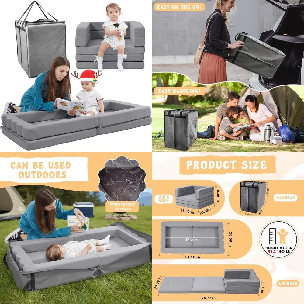 

Складная детская дорожная кровать 3-в-1 с водонепроницаемой сумкой для переноски, стул из пенопласта высокой плотности, идеально подходит для кемпинга и улицы, серый