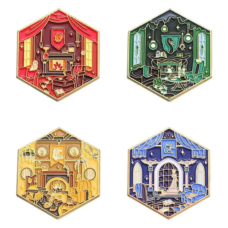 Hexagon Enamel Pin Set Of 4 Pieces Magic School House Crest Badge Cute Metal Brooch For Bag Hat Jacket Denim