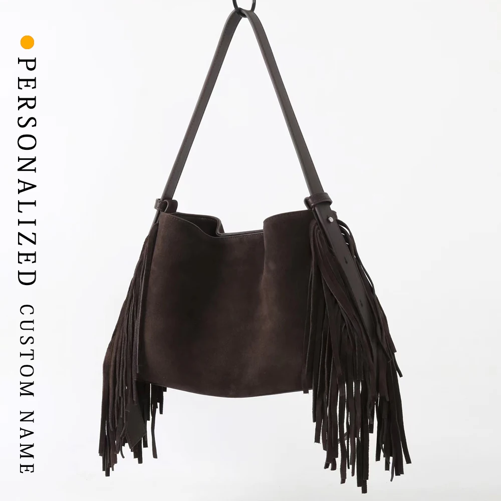

Замшевая кожаная сумка через плечо с бахромой в стиле отпуска, большая вместительная универсальная повседневная сумка-тоут, модная легкая роскошная женская дизайнерская сумка