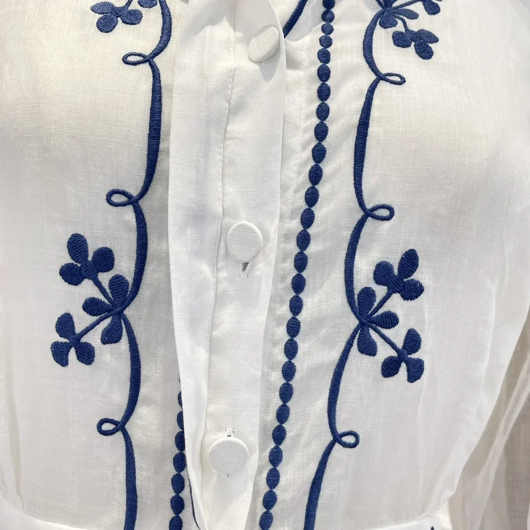 New Spring Summer Vintage Ramie Top Quality 2023 Puff Sleeve Navy Blue Embroidery Woman White Short Playsuit