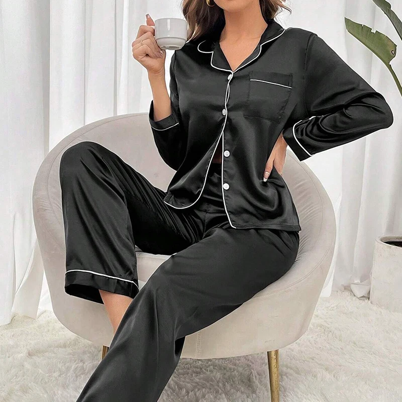 Luxuriöser Satin-Pyjama für Damen, Pyjama-Set, Umlegekragen, Knopfleiste, Oberteile und Hosen, Nachtwäsche und Loungewear für den Sommer, Heimkleidung, Anzug – Detail 9