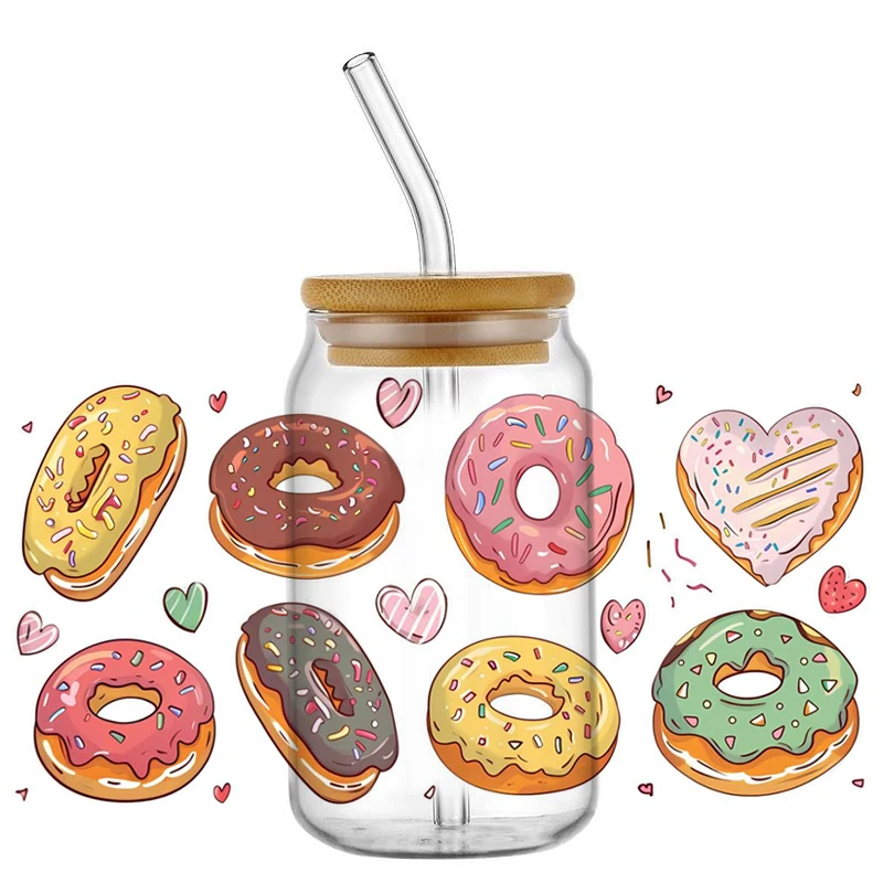 Cute Snack Food UV DTF Wraps, Ice Cream Donut Pizza & Candy Stickers for 16oz Glass Cans, Waterproof DIY Transfer Decals