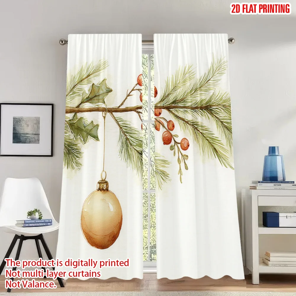 

2pcs 2D flat printing Merry Christmas Trendy Curtains Christmas Pine Branch Berries Ornament Digital Printed Polyester Drapes