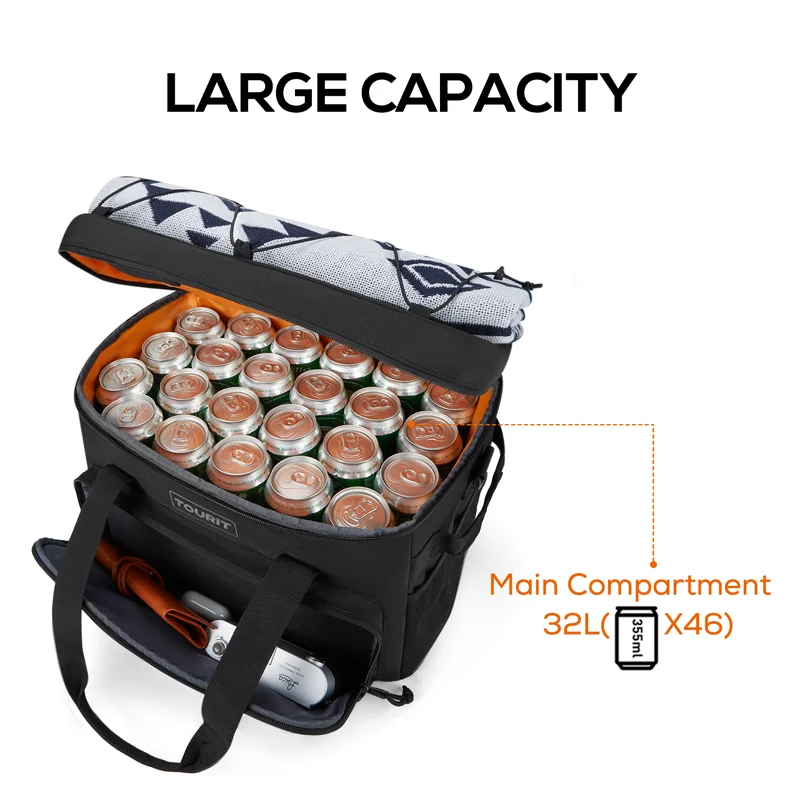 TOURIT Picnic Cooler Bag Trip Car Refrigerator 46-Can Insulated Foldable Fresh Keeping Thermal Bag 32L Large Lunch Insulated Bag