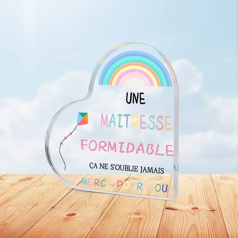 Rainbow Kite Clear Acrylic Heart Ornament French Maitresse Appreciation Desk Decor