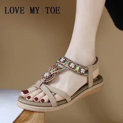 Women's Sandals Summer 2024 Casual PU Non-Slip String Bead Floral Bohemia Beach Hollow Out Roman Shoes Woman Flat Heels Ladies