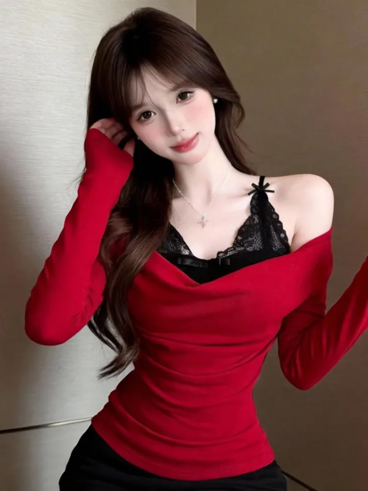 

Pure Desire Lazy Shoulder Bared Long Sleeve Lace T-Shirt Women's Spring Autumn New Style Slimming Pleated Two-Piece Effect