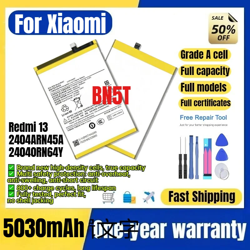 BN5T for Xiaomi Redmi 13/2404ARN45A/24040RN64Y Phone Battery  High Capacity Battery Replacement Bateria Grade A Cell with Tools
