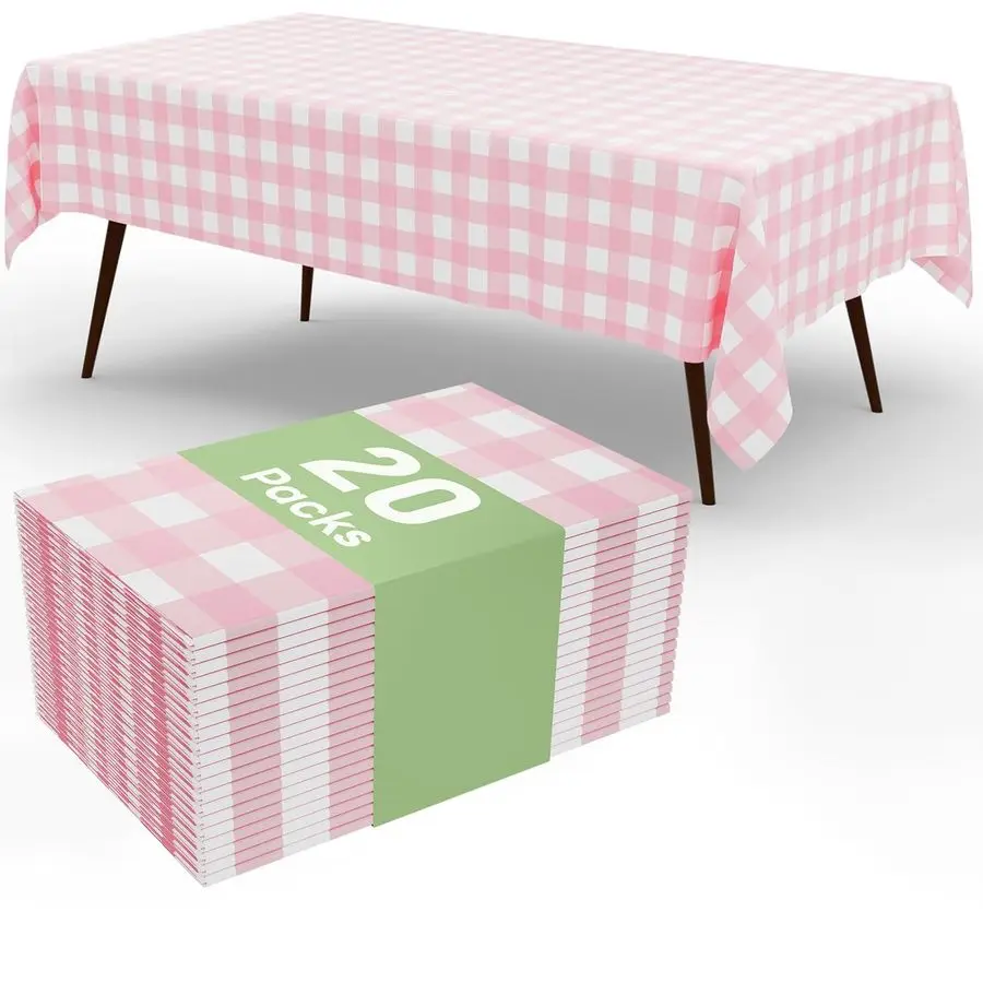 

20 Packs Gingham Disposable Table Cloth, 54 x 108 Inch Waterproof Plastic Tablecloth, Rectangle Pink and White Checkered Table C