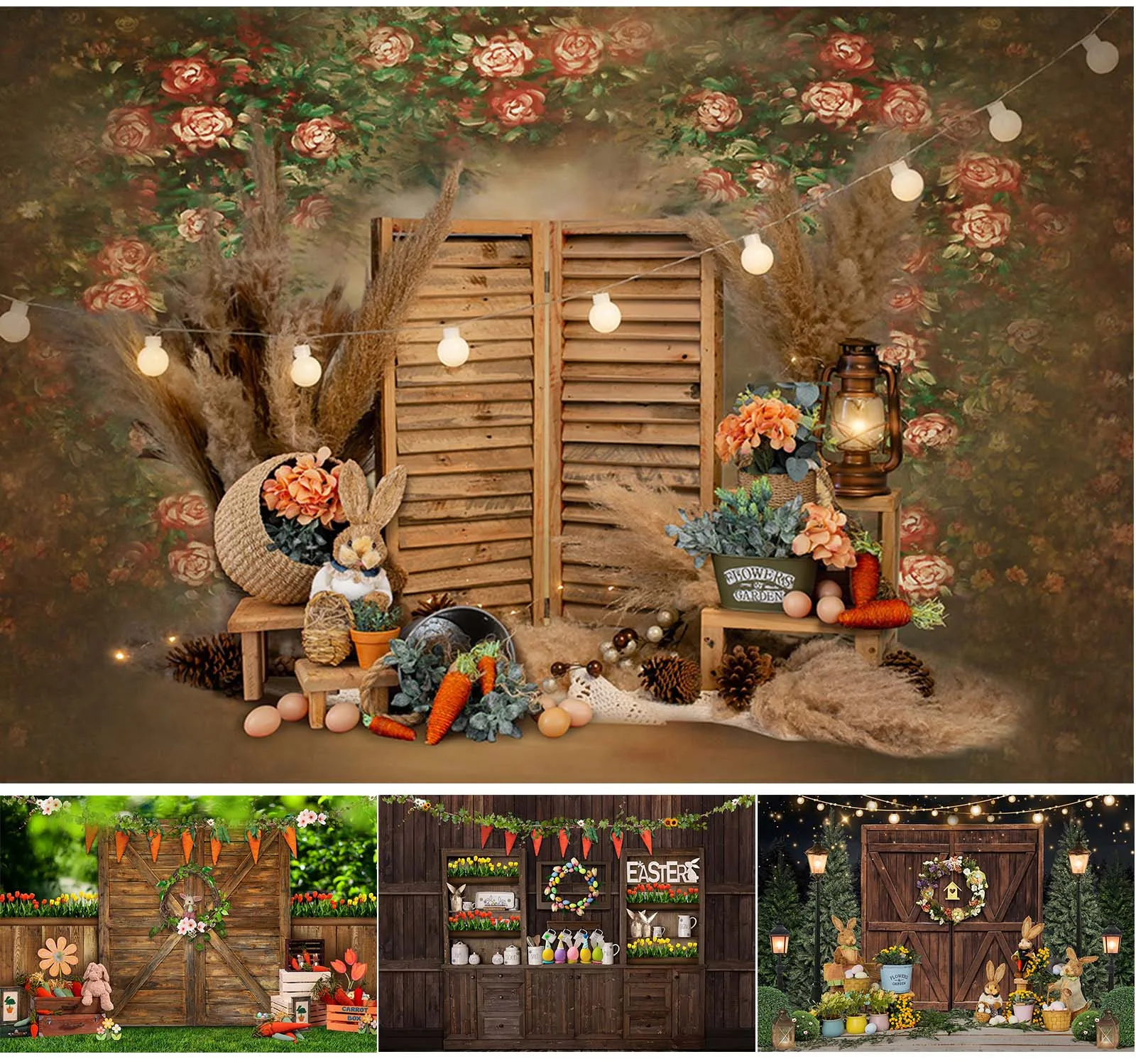 Avezano Photography Background Rustic Wooden Door Easter Party Decor Rabbit Carrot Spring Backdrop Baby Shower Birthday Banner