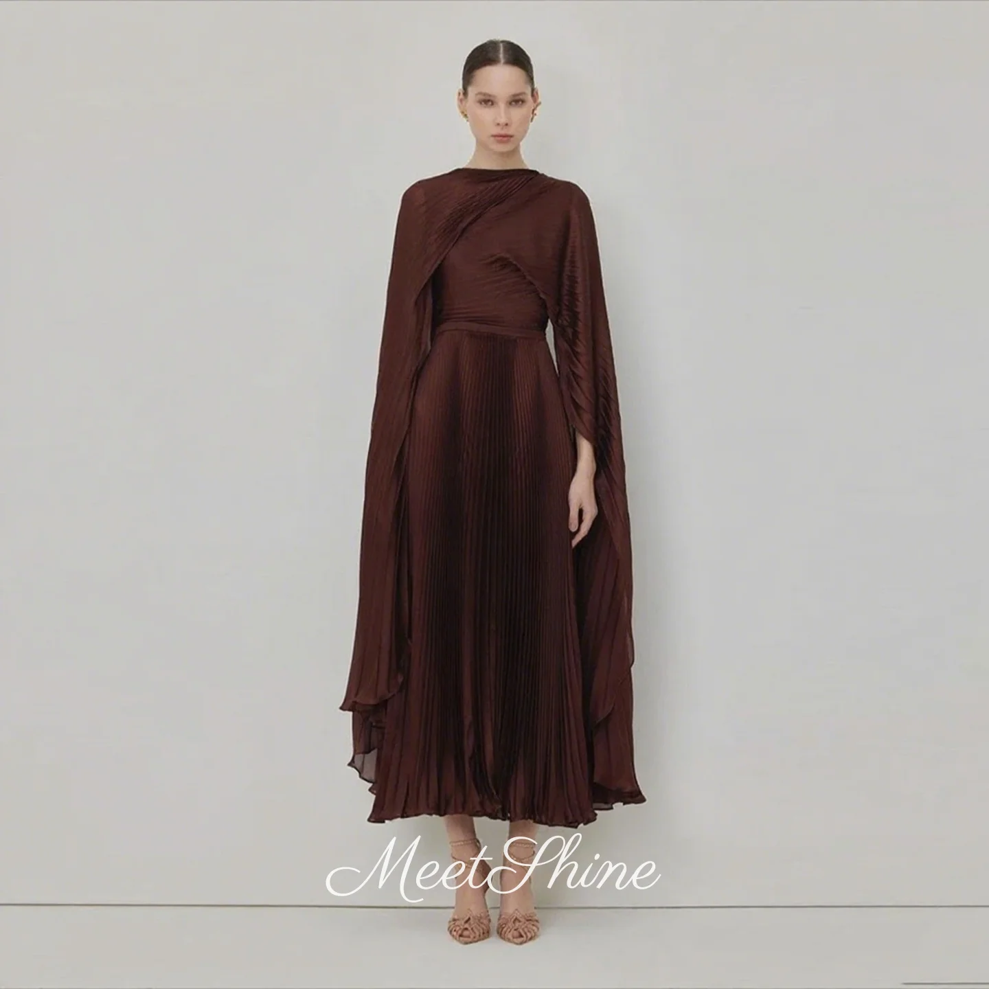 

Brown A-Line Ankle Length Chiffon Evening Gown for Woman Saudi Arabia Floating sleeves Formal Wedding Party Dress Customized