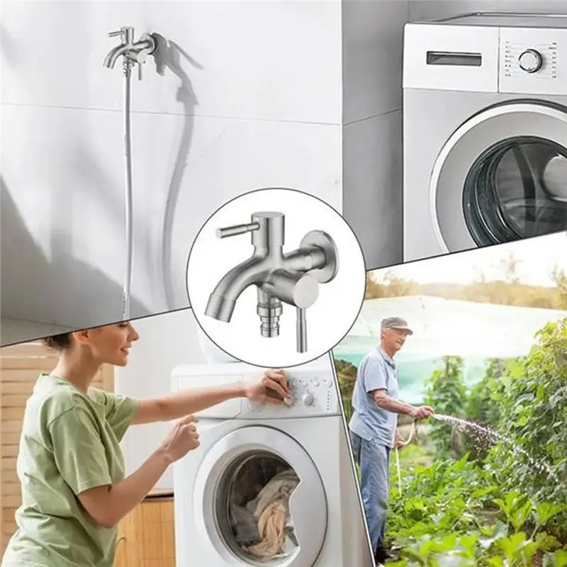 ABYN-Double Garden Tap Sturdy Design Double Outlet Water Faucet 2 Way Outdoor Hose Connection Faucet