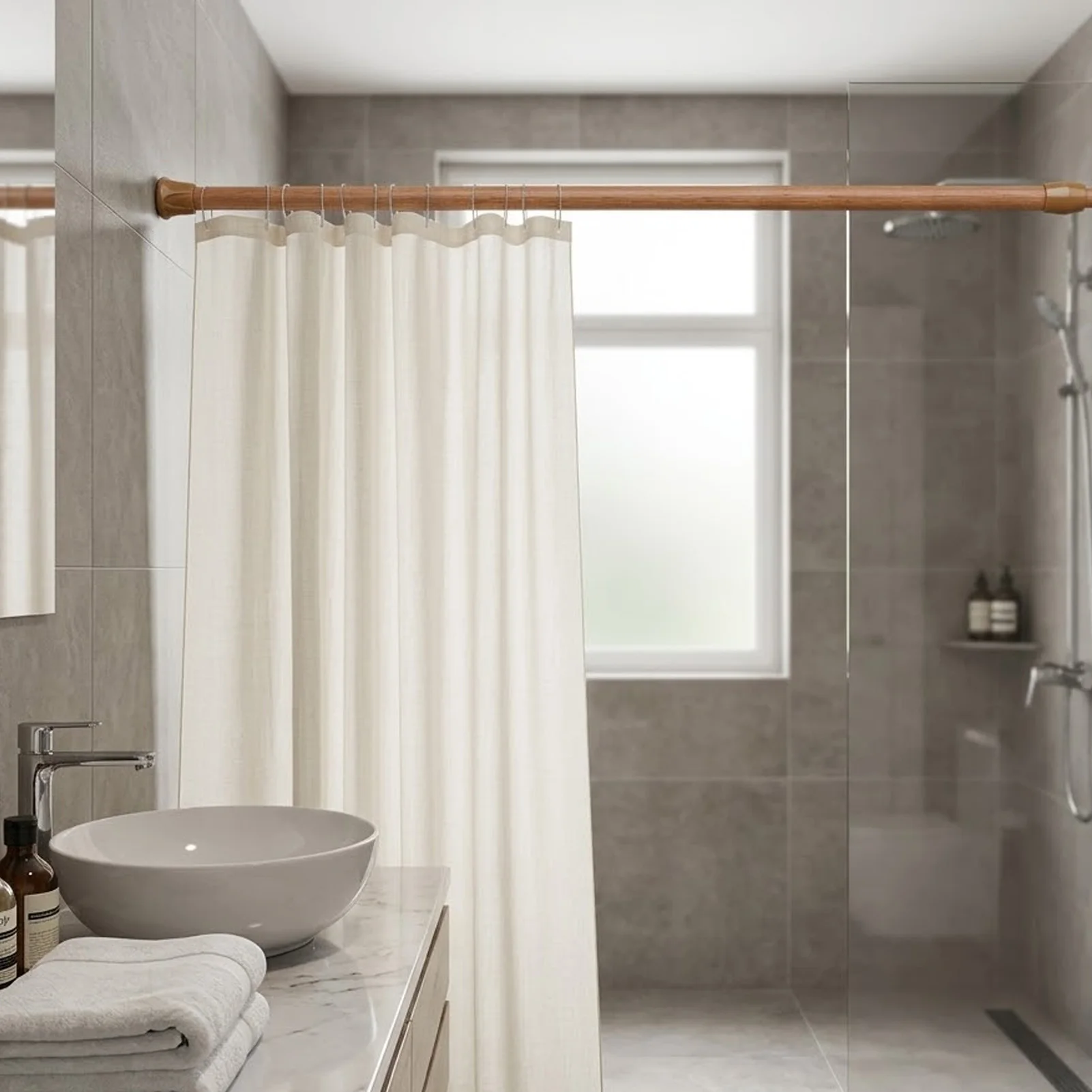 Shower Curtain Rod Adjustable Bathroom Tension Pole for Renters White Baked Paint No Drill Rustproof Home Organizer Tool