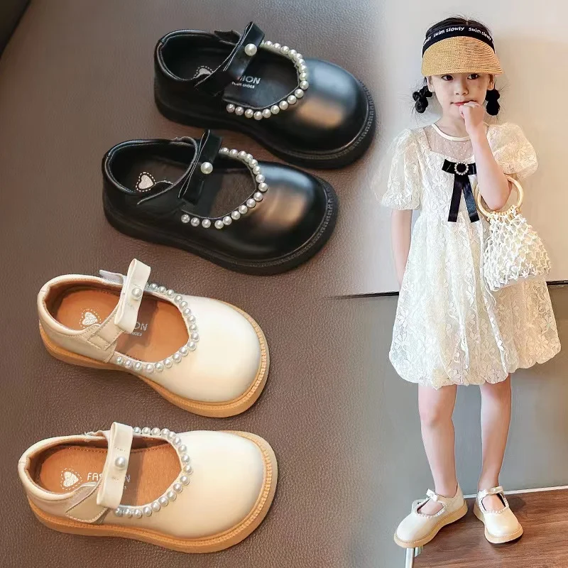 Congme Fashion Girls Leather Shoes Toddler Kids Pearl Flat Shoes Korean White Black Bow Princess Shoes Doll Shoes Derss Shoes