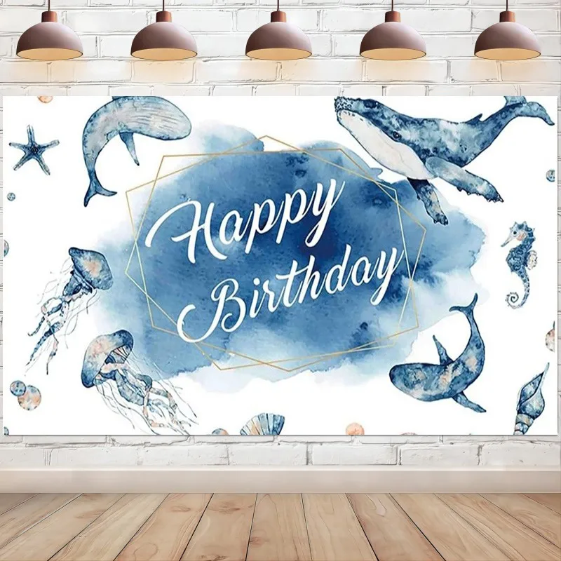 Blue Ocean Happy Birthday Backdrop Marine Animals Photo Background for Home Indoor Outdoor Party Decorations Banner Supplies