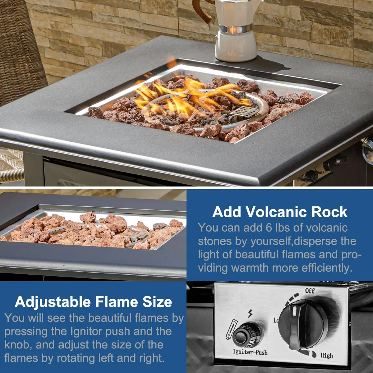Steel Gas Fire Pits with Lid and Lava Rocks,Firepit Table Gatherings, Propane Firepits for Outside Paito Backyard