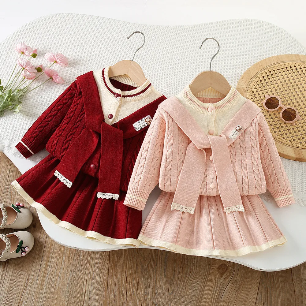 Korean Version Autumn and Winter Cute College Style Knitted Striped Top+pleated Skirt Two-piece Set for Girls Aged 2-6