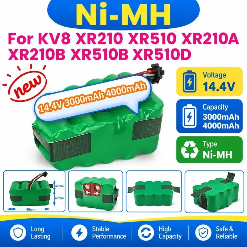 14.4V Ni-MH Rechargeable Battery 3000/4000mAh Vacuum Cleaner Sweeping Robot for KV8 XR210 XR510 XR210A XR210B XR510B XR510D