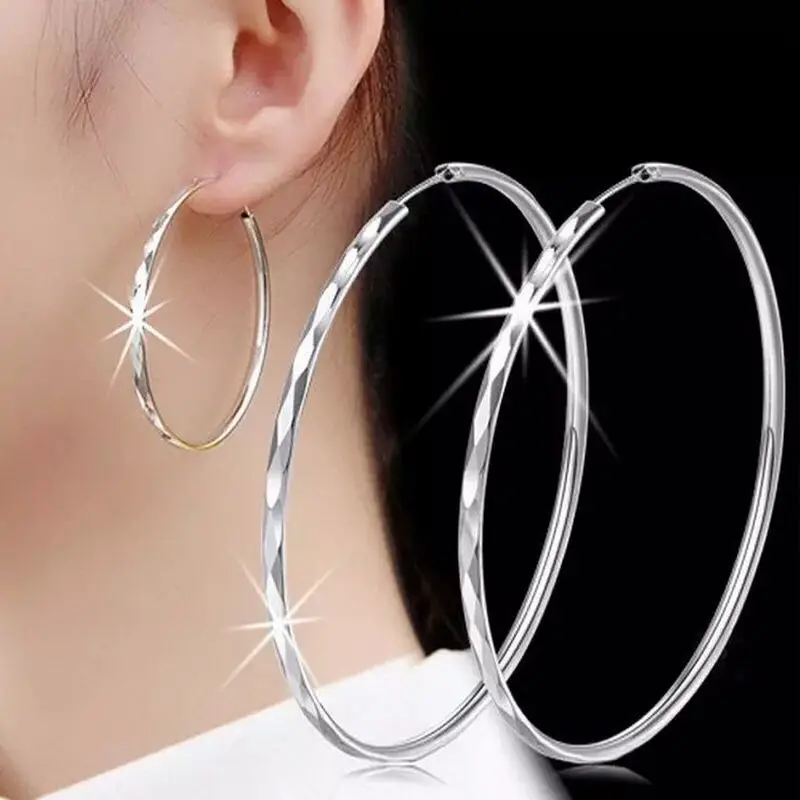 Fine Silver Color Luxury 5CM Big Circle Hoop Earrings for Women Charms Original Designer Party Wedding Jewelry Gifts