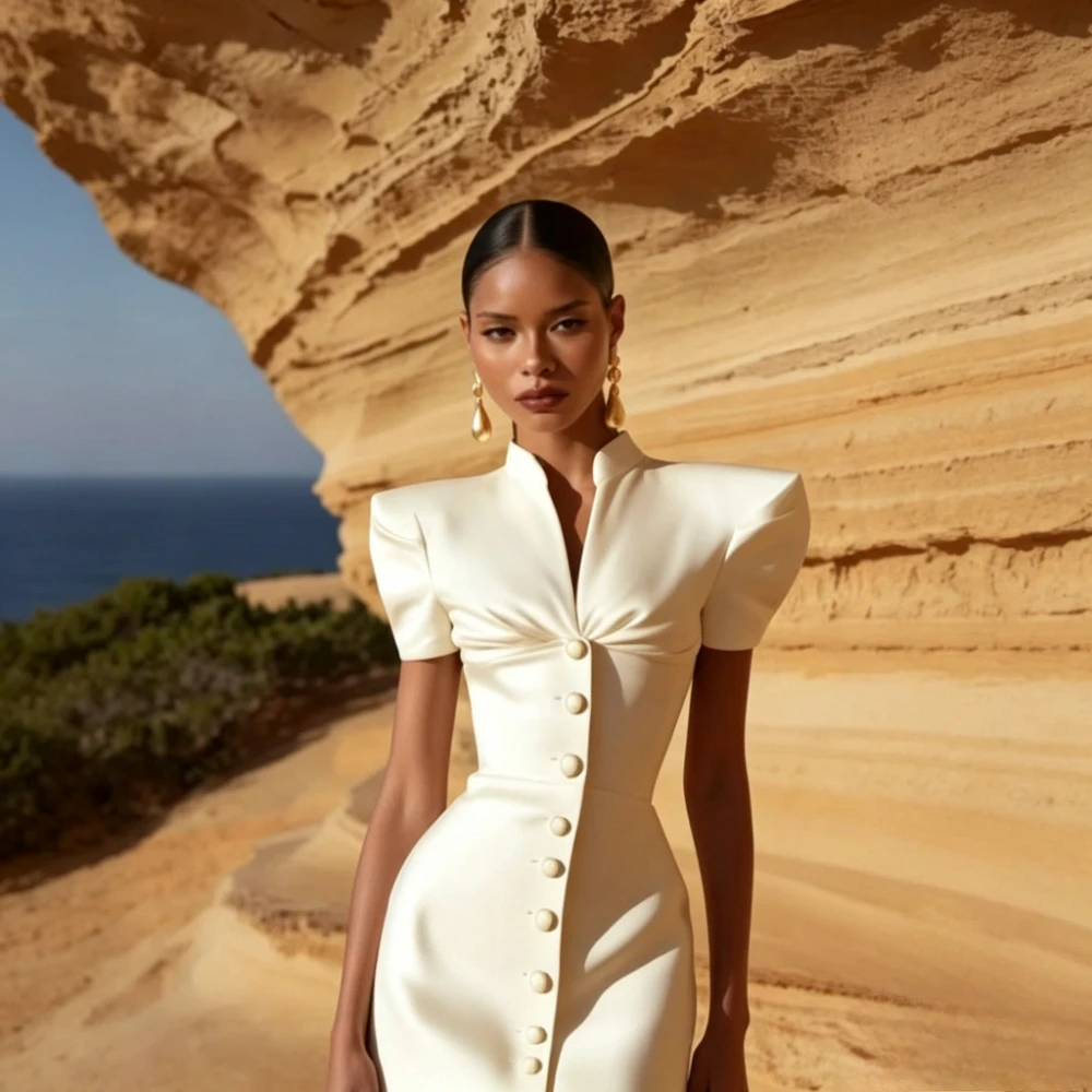 Vestido de noche corto de satén blanco elegante y personalizado, con cuello alto, hombreras, botones y corte ajustado, ideal para fiestas y eventos.