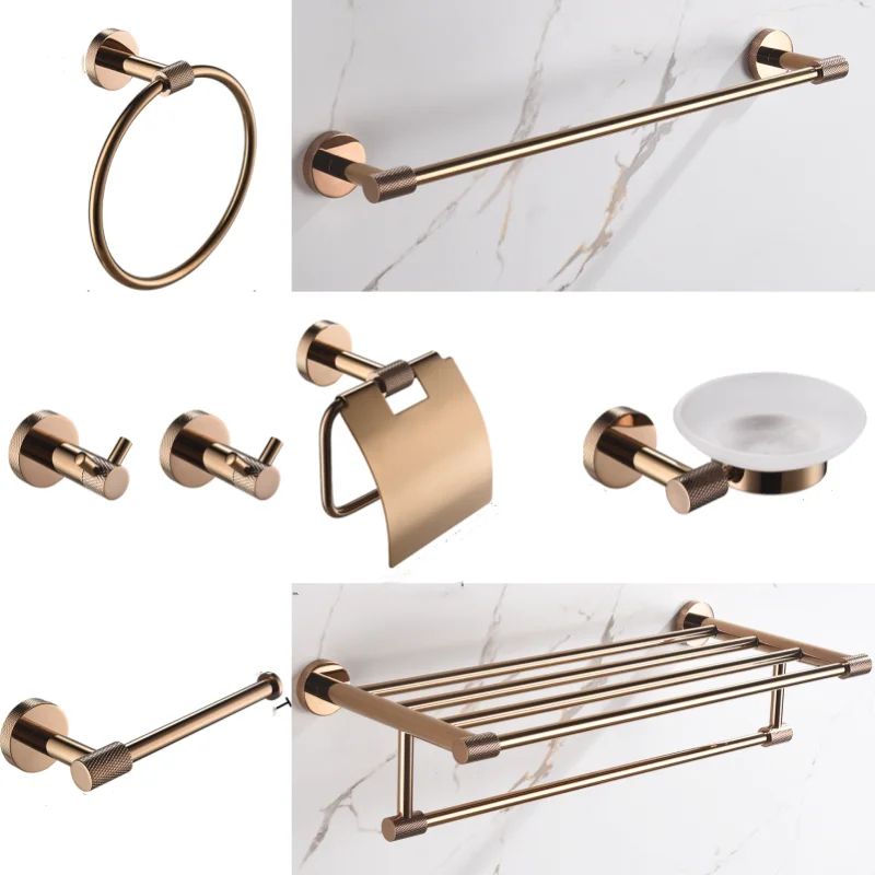 High quality Glossy Rose Gold 304Stainless Steel Beautiful Wall Hook Toilet Paper Holder Towel Bar Bathroom Accessories