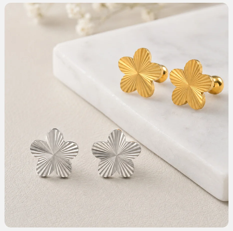 Vnox Trendige Strukturierte Blumen-Ohrstecker für Damen, Edelstahl, vergoldet, mit Schraubverschluss, Blumen-Ohrringe, Alltagsschmuck – Detail 6