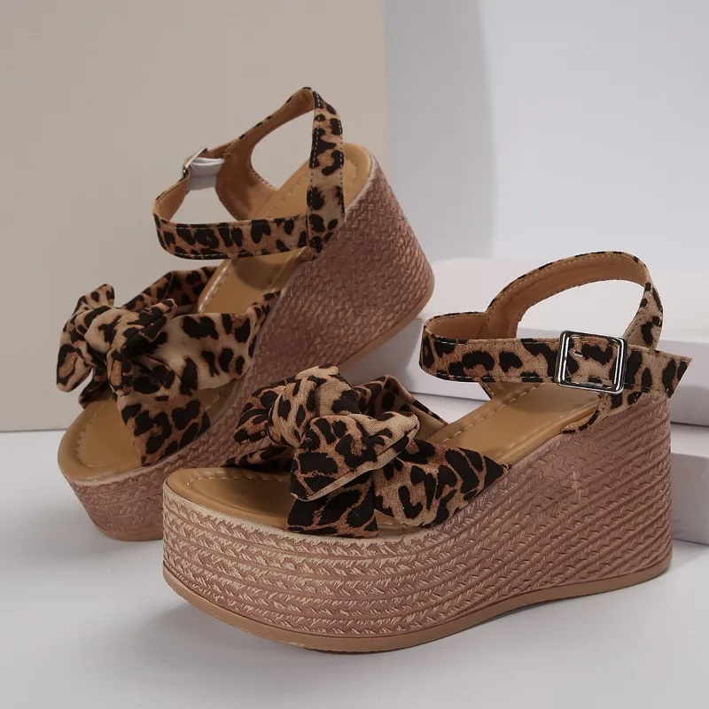 Ladies Shoes 2024  Women's Sandals Fashion Butterfly-knot Casual Sandals Women New Leopard Print Wedge Sandals