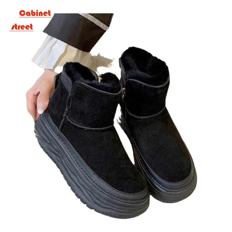 

2024 High Quality 9CM Suede Cow Genuine Leather Platform Wedge Winter Plush Women Snow Boots Hidden Heels Spring Warm Ankle