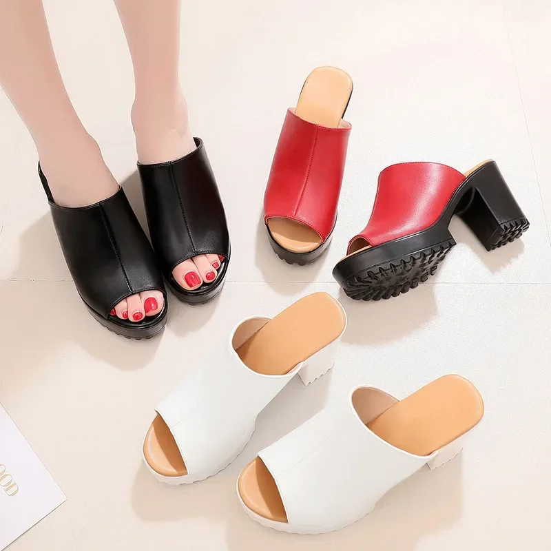 Sexy Small 33-43 Open Head Leather Slippers Women\'s Platform Shoes Summer 2024 Block High Heels Slides for Office Beach Mom