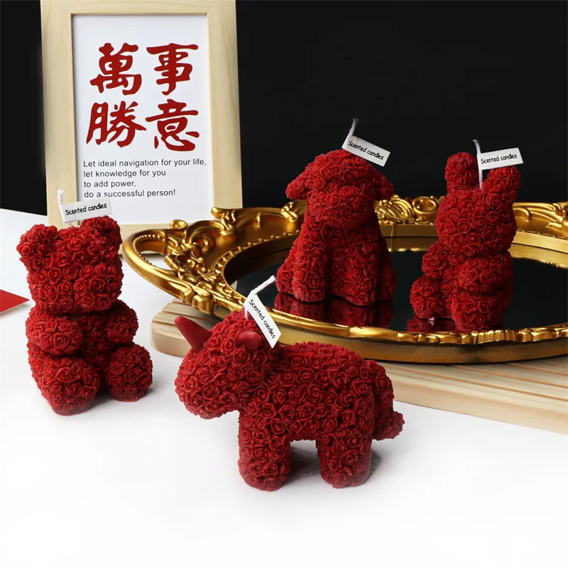 3D Valentine\'s Day Love Rose Bear Candle Silicone Mold DIY Silicone Woman Kissing Figurine Wedding Craft Gifts Deco