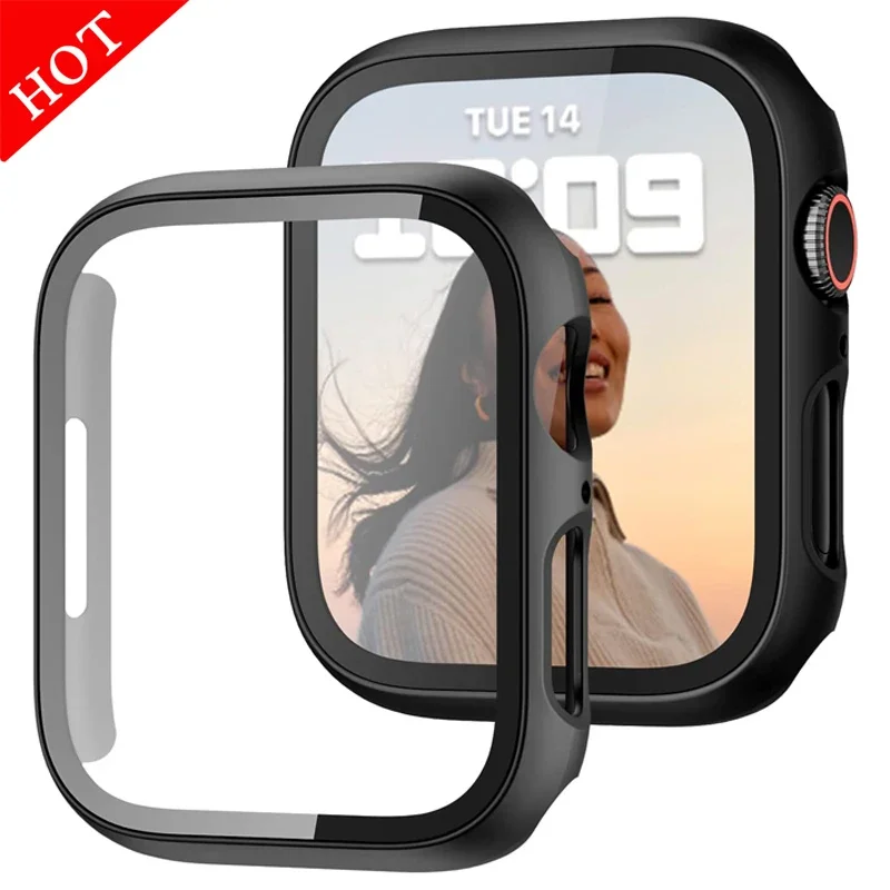 Vidrio templado + cubierta para Apple Watch 9 8 44mm 40mm 42mm 38mm 41mm 45mm PC Protector de pantalla de parachoques iWatch series 7 6 5 3 se