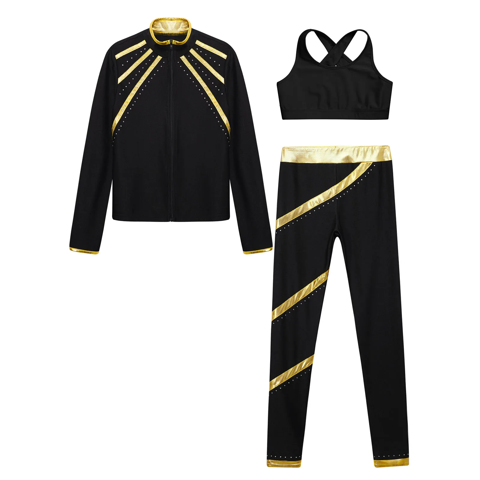 Kids Girls Skating Gymnastics Tracksuits Long Sleeve Zipper Outerwear with Crop Top Sport Legging Pants Fitness Yoga Sportswear